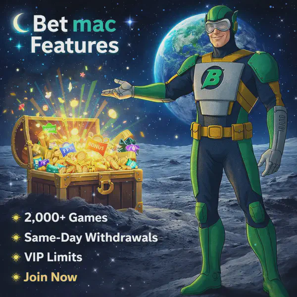 Captain Betway stands on the moon with a treasure chest, inviting serious players to Bet mac Casino's rewards.