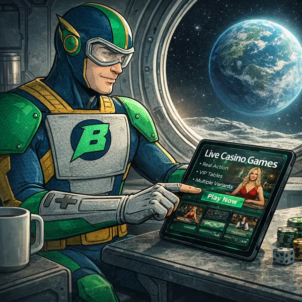 Captain Betway tapping tablet at Bet mac Live Casino studio enjoying real dealer games.