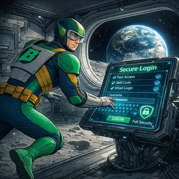 Captain Betway calmly floats to log in at Bet mac Login Process, using secure console on lunar base.