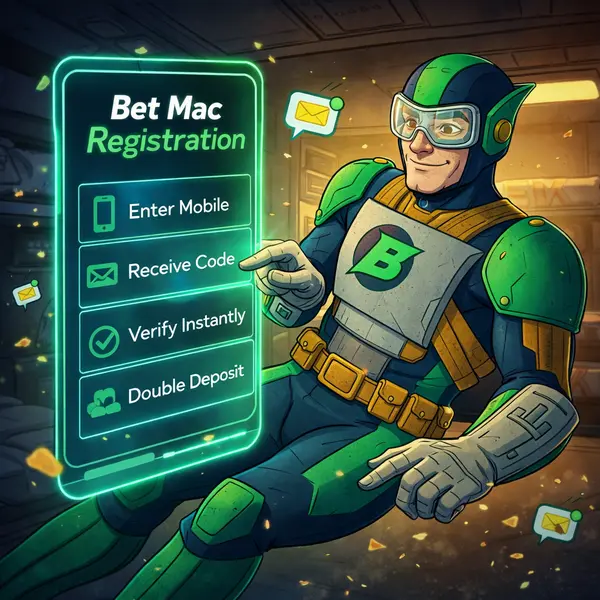 Player creating account at Bet Mac as floating SMS highlights seamless process.