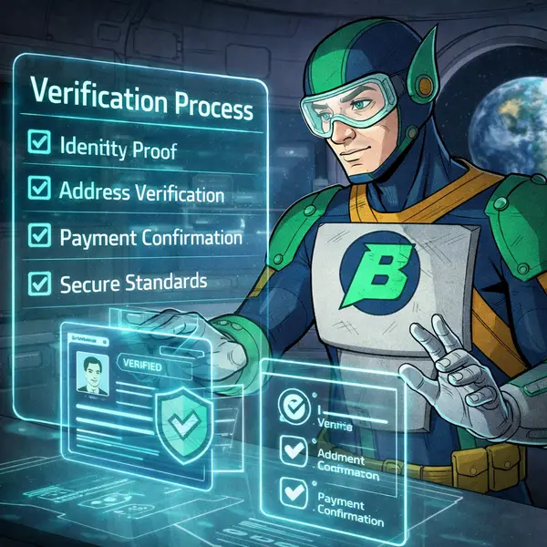 In a lunar setting, Captain Betway KYC expert verifies identity at Bet mac with holographic displays.