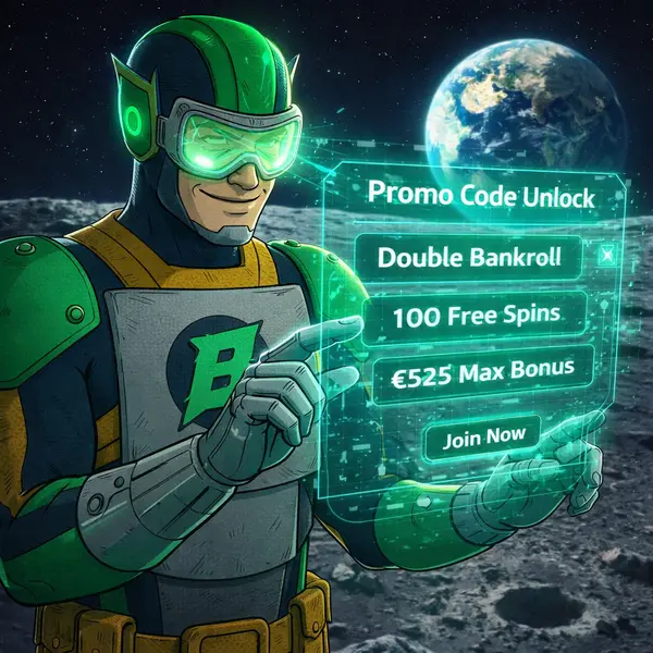 Captain Betway manipulates a promo code hologram at Betmac's lunar portal.