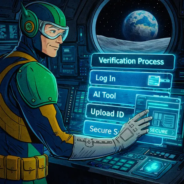 Verification console glowing as Captain Betway confirms identity at Bet mac outpost.
