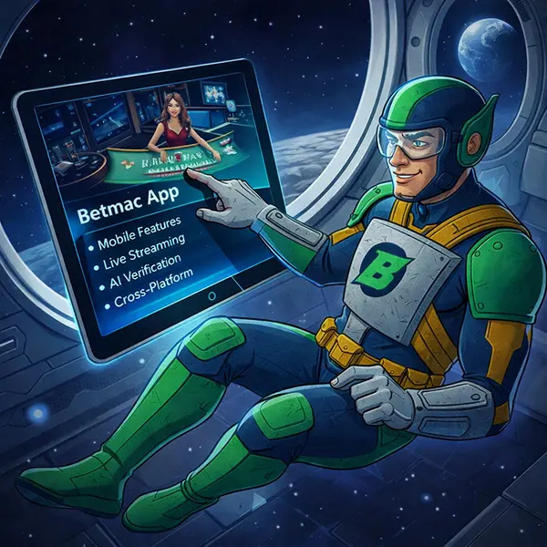 Floating and exploring the Betmac App's features with mobile integration spotlighted.