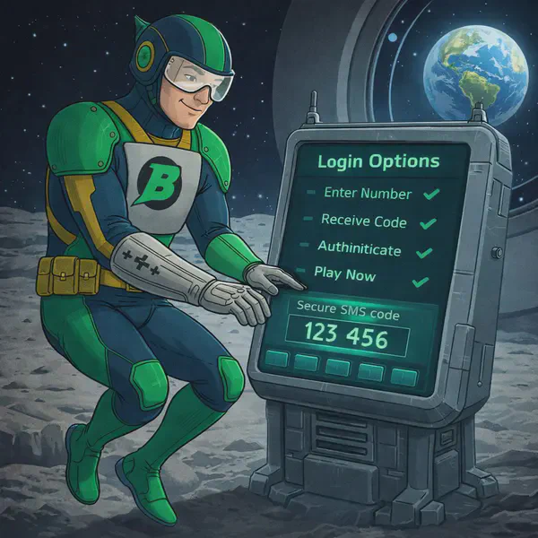Captain Betway floating with content smile while logging into the Betway SMS secure portal.