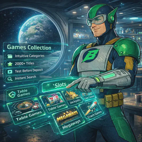 At the lunar-themed BetMac slots, player explores diverse games through holographic interface.
