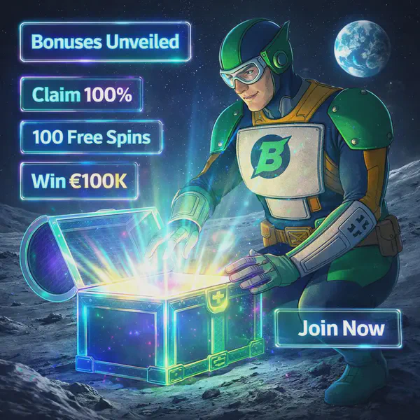 Captain Betway unveils promotions at the Bonuses and Promotions treasure chest on the moon's surface.